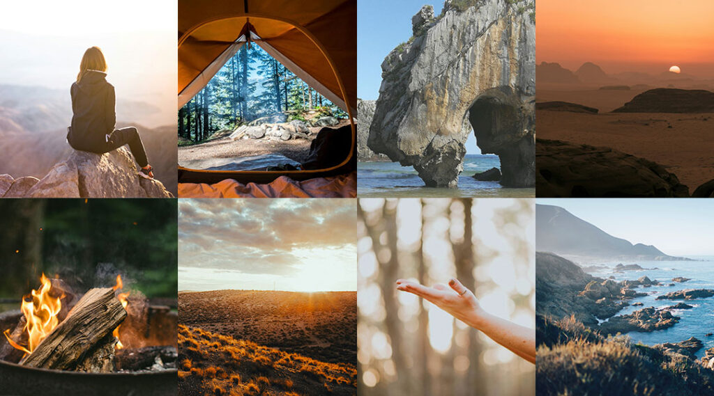 8 Moodbilder (Kacheloptik) zum Thema Reisen / Wandern mit wiederkehrenden braun-orange-Tönen (Lagerfeuer, Zelt-Ausblick, Sonnenaufgang)