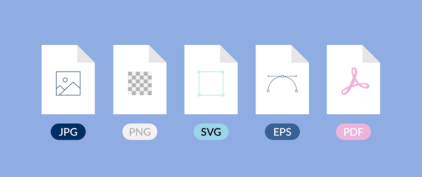 Grafische Darstellung der Datei-Formate JPG, PNG, SVG, EPS und PDF auf hellblauem Grund